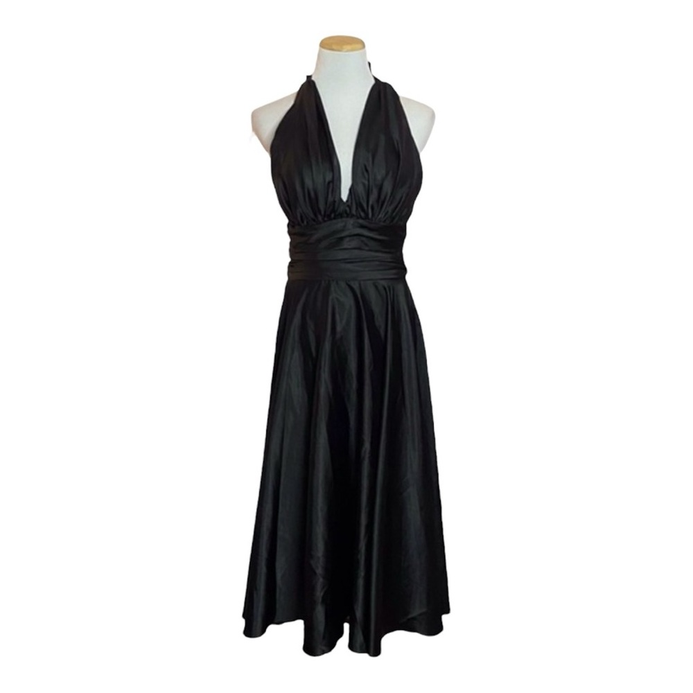 Vintage ASPEED Black Satin Ruched Halter Dress M